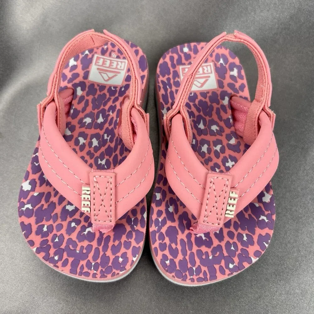 REEF Lil Ahi Toddler's 5 Slingback‎ Sandals Pink Cheetah Summer Flip Flops Beach